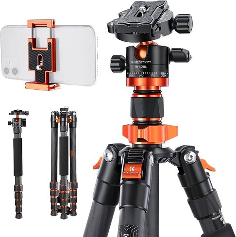 K&F Concept 60" Carbon Fiber Camera Tripod, Detachable Monopod for SLR DSLR | Max Load 17 lb, Lightweight Compact Travel Tripod, 360 Degree Ball Head, Quick Release Plate, A225C0+BH-25L in Kuwait