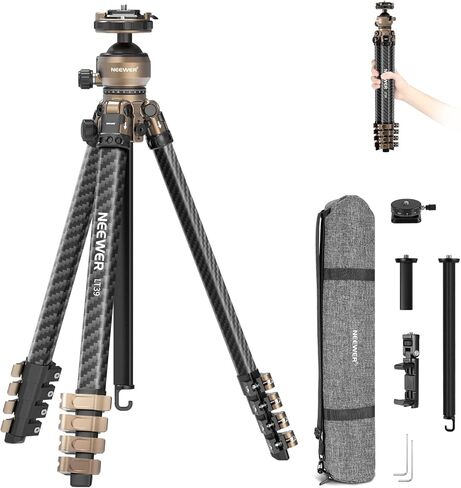 NEEWER LITETRIP Carbon Fiber Travel Tripod with Pan Tilt Low Profile Ball Head,62.4" DSLR Camera Phone Holder Stand Compatible with PD V3 Plates iPhone, 2 Center Columns,Max Load 22 lb, LT39 in Kuwait