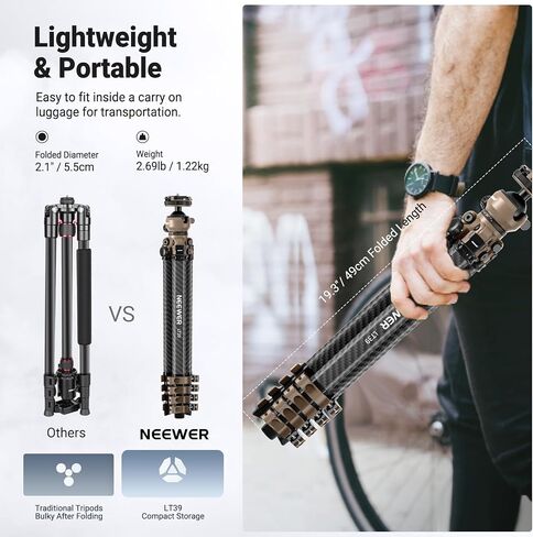 NEEWER LITETRIP Carbon Fiber Travel Tripod with Pan Tilt Low Profile Ball Head,62.4" DSLR Camera Phone Holder Stand Compatible with PD V3 Plates iPhone, 2 Center Columns,Max Load 22 lb, LT39 in Kuwait