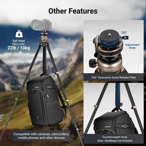 NEEWER LITETRIP Carbon Fiber Travel Tripod with Pan Tilt Low Profile Ball Head,62.4" DSLR Camera Phone Holder Stand Compatible with PD V3 Plates iPhone, 2 Center Columns,Max Load 22 lb, LT39 in Kuwait