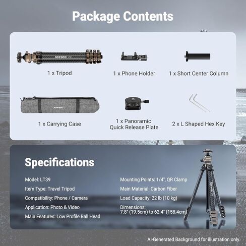 NEEWER LITETRIP Carbon Fiber Travel Tripod with Pan Tilt Low Profile Ball Head,62.4" DSLR Camera Phone Holder Stand Compatible with PD V3 Plates iPhone, 2 Center Columns,Max Load 22 lb, LT39 in Kuwait