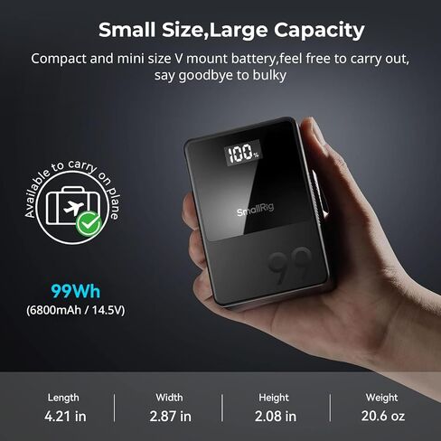 SMALLRIG V Mount Battery VB99, 99Wh / 6800mAh V Lock Battery with 100W Output, 2H Full Charge, with USB-C, D-TAP, USB-A, Dual DC Port, OLED Screen, for Camera, Camcorder, Monitor, Video Light in Kuwait