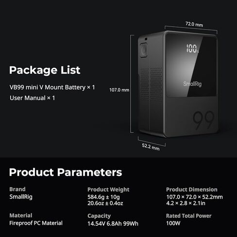 SMALLRIG V Mount Battery VB99, 99Wh / 6800mAh V Lock Battery with 100W Output, 2H Full Charge, with USB-C, D-TAP, USB-A, Dual DC Port, OLED Screen, for Camera, Camcorder, Monitor, Video Light in Kuwait