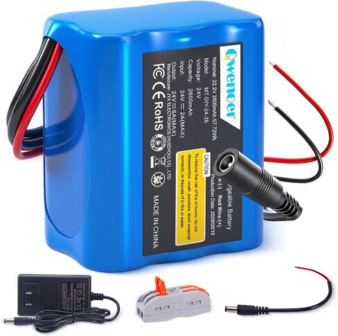 22.2V-24V 2.6Ah Lithium Battery, 22.2V-24V Rechargeable Li-ion Battery with Charger, Bare Leads Wire, Cable Connector for Kids Ride On Cars, DIY Project, Solar Panels, LED Light Strip, CCTV Camera in Kuwait