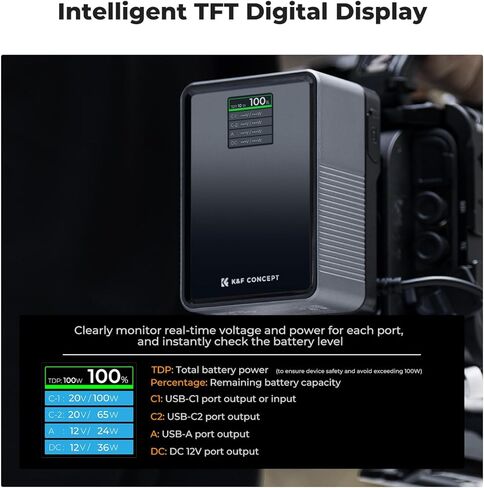 K&F CONCEPT V Mount Battery 99Wh PD100W Fast Charge, 6700mAh V Lock Battery | Mini V-Mount Battery with D-Tap, DC,Dual USB-C/USB-A, TFT Display for Camera,Camcorder, Monitor,Video Light, KF-V99 Pro,Green in Saudi Arabia