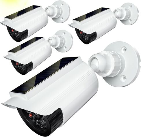 WALI Solar Powered Fake Camera with Motion Sensor Floodlight, 2 Pack, White | Dummy Cameras for Outside, Wireless Simulated Cam, Realistic Look, Larger Solar Panel, Weatherproof, Warning Sticker Included in Kuwait
