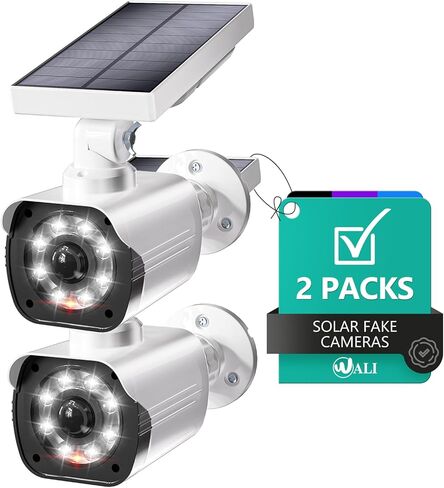 WALI Solar Powered Fake Camera with Motion Sensor Floodlight, 2 Pack, White | Dummy Cameras for Outside, Wireless Simulated Cam, Realistic Look, Larger Solar Panel, Weatherproof, Warning Sticker Included in Saudi Arabia