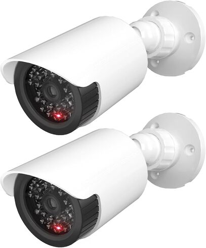 WALI Solar Powered Fake Camera with Motion Sensor Floodlight, 2 Pack, White | Dummy Cameras for Outside, Wireless Simulated Cam, Realistic Look, Larger Solar Panel, Weatherproof, Warning Sticker Included in Saudi Arabia
