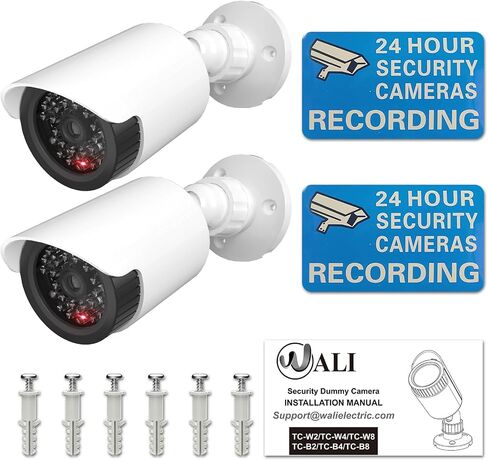 WALI Solar Powered Fake Camera with Motion Sensor Floodlight, 2 Pack, White | Dummy Cameras for Outside, Wireless Simulated Cam, Realistic Look, Larger Solar Panel, Weatherproof, Warning Sticker Included in Saudi Arabia