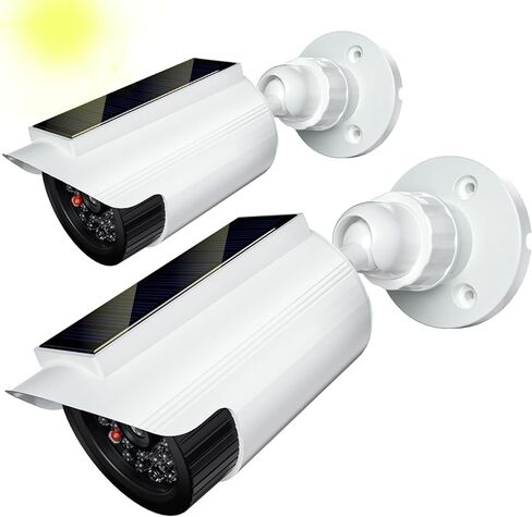 WALI Solar Powered Fake Camera with Motion Sensor Floodlight, 2 Pack, White | Dummy Cameras for Outside, Wireless Simulated Cam, Realistic Look, Larger Solar Panel, Weatherproof, Warning Sticker Included in Saudi Arabia