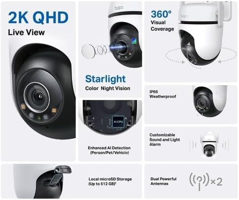 TP-Link Tapo 2K QHD Outdoor Pan/Tilt Wi-Fi Security Camera, 360° View, Motion Tracking, Color Night Vision, Free Person/Vehicle/Motion Detection, Cloud & SD Card Storage, 24/7 Recording, Tapo C520WS… in Kuwait