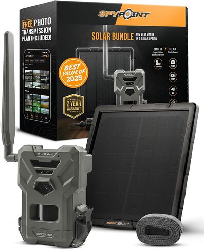SPYPOINT Flex-M Solar Bundle - Cellular Trail Camera with Solar Panel, Best in Hunting Accessories, No WiFi Needed, GPS, Night Vision, Motion Activated, Dual-Sim LTE, IP65 Water-Resistant Game Camera | - Includes Flex-M Camera Plus Splb-10 Compact Lithium in Kuwait