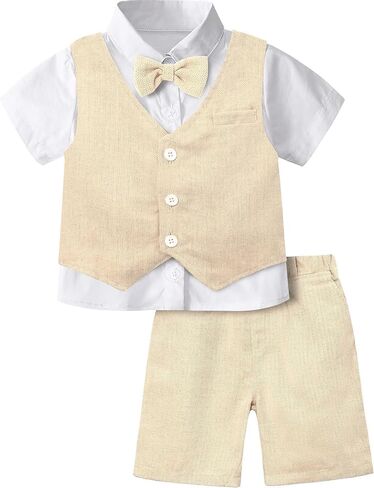 طقم بدلة للأطفال الصغار من A&J DESIGN مكون من 4 قطع قميص وسترة وسروال قصير وربطة عنق 12M-6Y | مظهر رجل نبيل كامل، ربطة عنق قابلة للإزالة، بطانة داخلية ناعمة، صديقة للبشرة، اختيار هدية، الصيف، الزفاف، التخرج in Kuwait