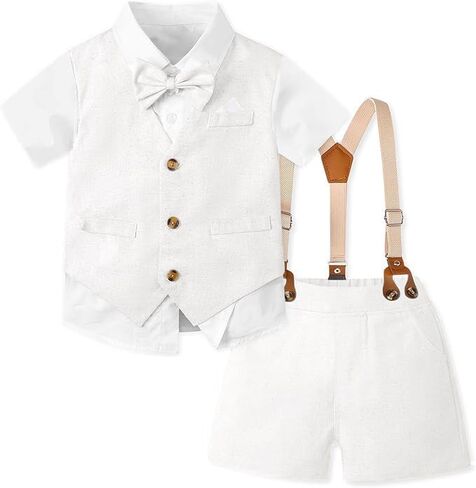 SANGTREE Baby Boy Cotton Linen Suit Wedding Ring Bearer Outfits Shorts Sets | Spring Summer Boys Clothes Vest Short Sleeve Bowtie Shirt Suspender in Kuwait