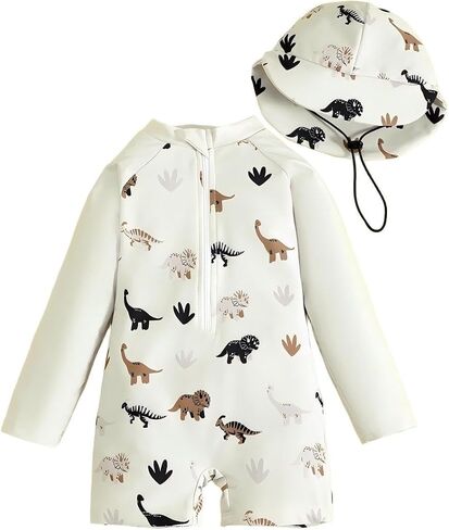 Baby Boy UPF 50+ Rash Guard Swimsuit Long Sleeve | One Piece Zip Swimwear with Sun Hat Dinosaur Print Quick-Dry Bathing Suit Infant Toddler in Kuwait