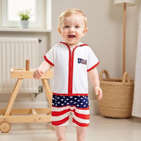 Toddler Baby Boy Girl Swim Cover Up Towel Terry Zipper Hooded Tops Seersucker Gingham Shorts Set Bathing Suit Coverup (4th of July-B, 2-3 Years) in Kuwait