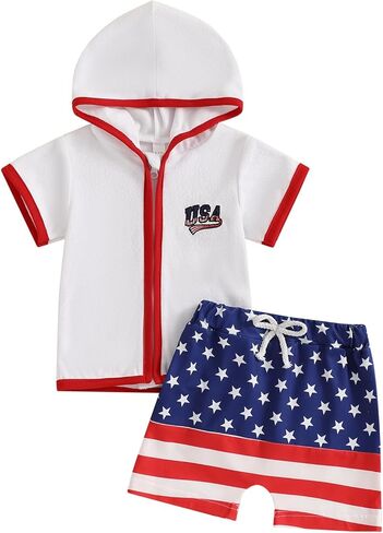 Toddler Baby Boy Girl Swim Cover Up Towel Terry Zipper Hooded Tops Seersucker Gingham Shorts Set Bathing Suit Coverup (4th of July-A, 18-24 Months) in Kuwait