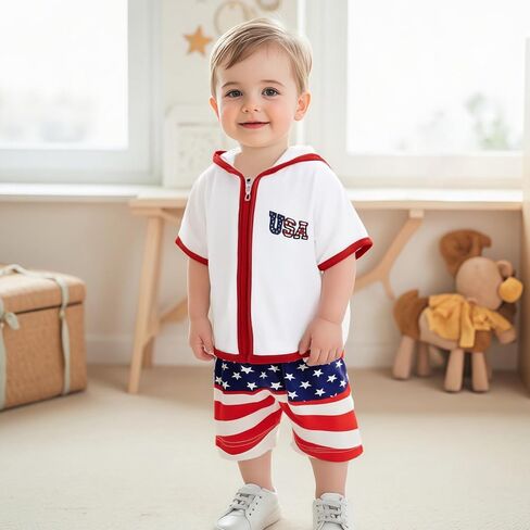 Toddler Baby Boy Girl Swim Cover Up Towel Terry Zipper Hooded Tops Seersucker Gingham Shorts Set Bathing Suit Coverup (4th of July-B, 6-12 Months) in Kuwait