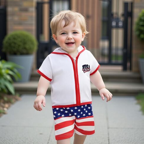 Toddler Baby Boy Girl Swim Cover Up Towel Terry Zipper Hooded Tops Seersucker Gingham Shorts Set Bathing Suit Coverup (4th of July-A, 6-12 Months) in Kuwait