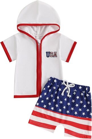 Toddler Baby Boy Girl Swim Cover Up Towel Terry Zipper Hooded Tops Seersucker Gingham Shorts Set Bathing Suit Coverup (4th of July-B, 3-4 Years) in Saudi Arabia