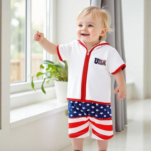 Toddler Baby Boy Girl Swim Cover Up Towel Terry Zipper Hooded Tops Seersucker Gingham Shorts Set Bathing Suit Coverup (4th of July-B, 3-4 Years) in Saudi Arabia