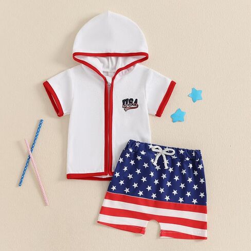 Toddler Baby Boy Girl Swim Cover Up Towel Terry Zipper Hooded Tops Seersucker Gingham Shorts Set Bathing Suit Coverup (4th of July-A, 4-5 Years) in Kuwait