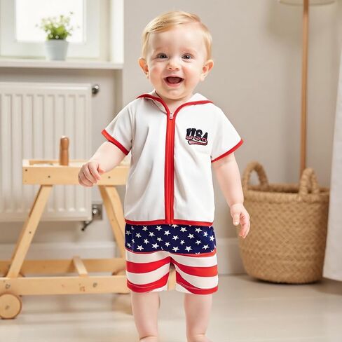 Toddler Baby Boy Girl Swim Cover Up Towel Terry Zipper Hooded Tops Seersucker Gingham Shorts Set Bathing Suit Coverup (4th of July-A, 12-18 Months) in Kuwait