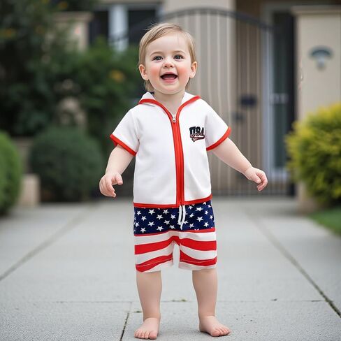 Toddler Baby Boy Girl Swim Cover Up Towel Terry Zipper Hooded Tops Seersucker Gingham Shorts Set Bathing Suit Coverup (4th of July-A, 12-18 Months) in Kuwait