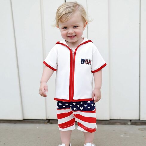 Toddler Baby Boy Girl Swim Cover Up Towel Terry Zipper Hooded Tops Seersucker Gingham Shorts Set Bathing Suit Coverup (4th of July-B, 18-24 Months) in Kuwait