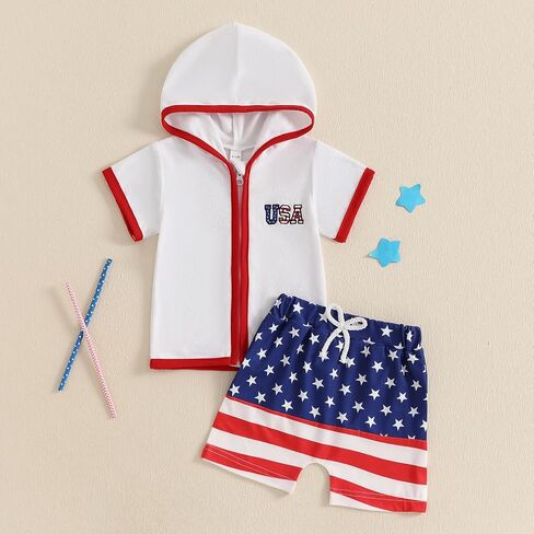 Toddler Baby Boy Girl Swim Cover Up Towel Terry Zipper Hooded Tops Seersucker Gingham Shorts Set Bathing Suit Coverup (4th of July-B, 18-24 Months) in Kuwait