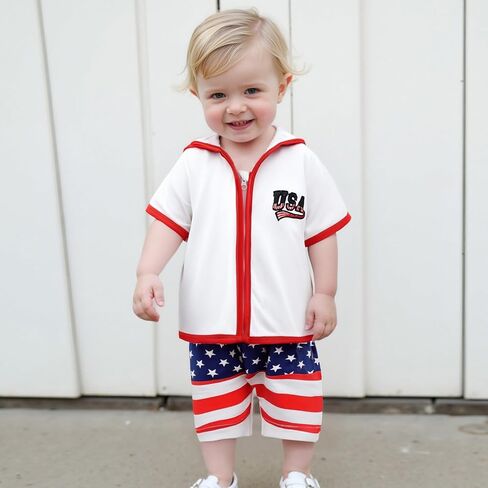 Toddler Baby Boy Girl Swim Cover Up Towel Terry Zipper Hooded Tops Seersucker Gingham Shorts Set Bathing Suit Coverup (4th of July-A, 2-3 Years) in Kuwait