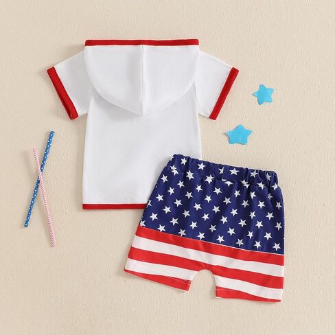 Toddler Baby Boy Girl Swim Cover Up Towel Terry Zipper Hooded Tops Seersucker Gingham Shorts Set Bathing Suit Coverup (4th of July-A, 2-3 Years) in Kuwait