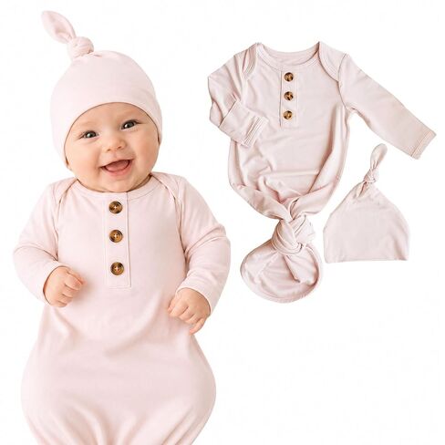 Caden Lane Newborn Knotted Gown with Hat, Soft Bamboo Viscose Baby Sack, Unisex Infant Breathable Night gown Emerald in Saudi Arabia
