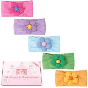 CÉLLOT 5Pcs Baby Flower Headbands Baby Girl Soft Nylon Headband for Newborn | Floral Nylon Hairbands | Hair Accessories for Infant Toddler Kids | Gifts for Babies in Kuwait