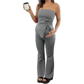 MakeMeChic Women's Maternity Sets 2 Piece Summer Outfits Ruched Tube Top and Pants Pregnancy Matching Set Dark Grey X-Large in Kuwait