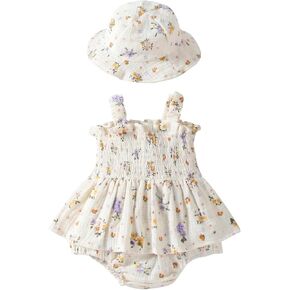 Baby Girl Smocked Romper Dress Summer Outfit Clothes | Baby Girl Floral Outfit with Hat,Snap Closure,Soft Breathable Cotton,Vintage,Photoshoot,Party,Baptism,Wedding,Birthday in Kuwait