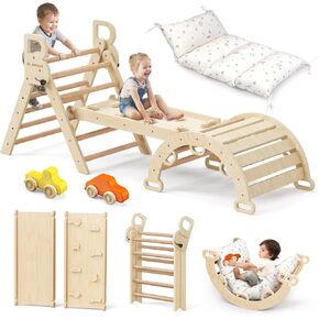 BlueWood Pikler Triangle Set with Cushion, Wooden Climbing Toys for Toddler | Foldable 9-in-1 Montessori Philosophy Toddler Climbing Toys Indoor with Reversible Ramp, Arch and Ladder - Rainbow in Saudi Arabia