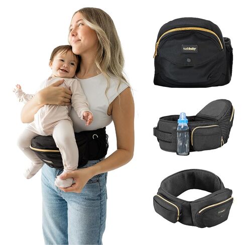 Tushbaby Original Hip Seat Baby Carrier for Babies & Toddlers up to 45 lbs, Safety Certified, Lightweight No-Foam Design with Storage, Black in Kuwait
