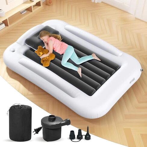 Inflatable Toddler Travel Bed - 60 Inches Portable Toddler Bed for Travel with Safety Sides - Cozy Kids Air Mattress Set with Built-in Electric Pump & Carry Case- Easy to Inflate - Sea Blue in Kuwait