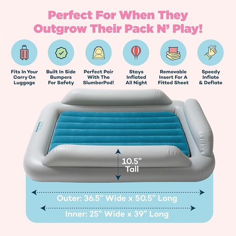 SlumberPod SlumberTot Inflatable Toddler Travel Bed - Portable Kids Air Mattress with Safety Bumpers - Perfectly Sized Ideal for Travel or Home Use - Includes Electric Pump | Portable Kids Air Mattress, Designed for SlumberPod or Standalone, Travel or Hom in Kuwait