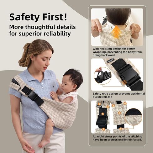 Baby Sling Carrier for Toddler, Houndstooth Baby Carrier Sling, Premium Cotton Linen Adjustable in Both Front and Back Shoulder Strap, Portable and Lightweight Toddler Carrier in Kuwait