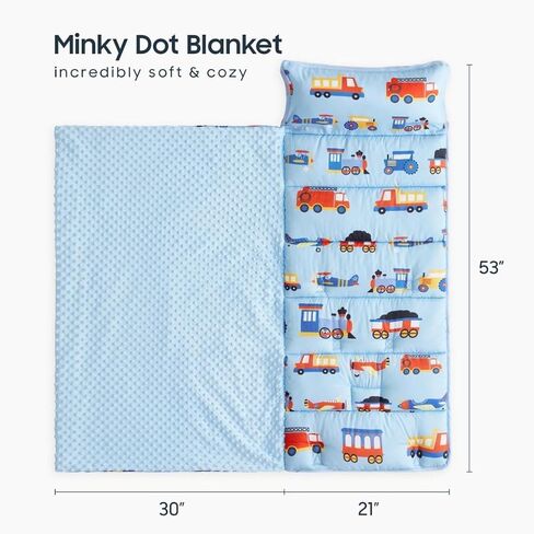 Wake In Cloud - Toddler Nap Mat with Pillow and Minky Fleece Blanket, for Kids Boys Ages 3 Plus in Daycare Preschool Kindergarten, Roll Up Sleeping Bag, Planes Trains Trucks in Kuwait