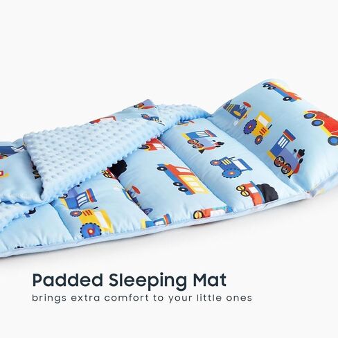 Wake In Cloud - Toddler Nap Mat with Pillow and Minky Fleece Blanket, for Kids Boys Ages 3 Plus in Daycare Preschool Kindergarten, Roll Up Sleeping Bag, Planes Trains Trucks in Kuwait