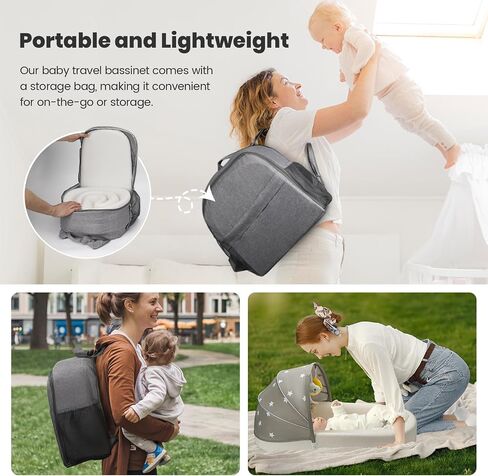 Portable Baby Bassinet- Travel Bassinet for Newborn and Infant, Suitable for Indoor & Outdoor Carry, Lightweight Foldable Washable, Portable Bassinet for Baby Travel, Portable Travel Bassinet, Grey in Kuwait
