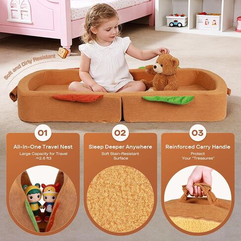 Toddler Travel Bed Sandwich Style - Portable Toddlers Floor Beds, Foldable Soft Foam Travel Crib for Baby and Kid, Washable Cover Toddler Cot with Safety Rail for Travel, Medium Size in Kuwait