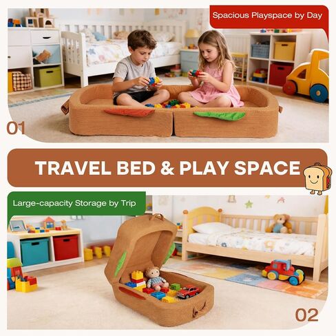 Toddler Travel Bed Sandwich Style - Portable Toddlers Floor Beds, Foldable Soft Foam Travel Crib for Baby and Kid, Washable Cover Toddler Cot with Safety Rail for Travel, Medium Size in Kuwait