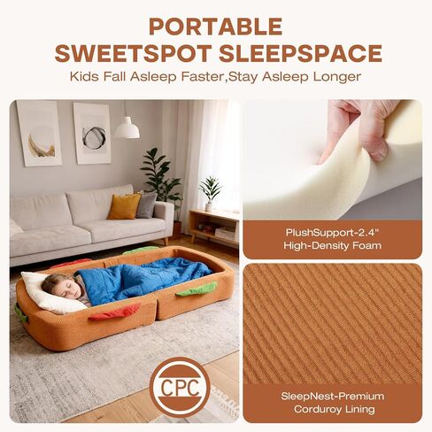 Toddler Travel Bed Sandwich Style - Portable Toddlers Floor Beds, Foldable Soft Foam Travel Crib for Baby and Kid, Washable Cover Toddler Cot with Safety Rail for Travel, Medium Size in Kuwait