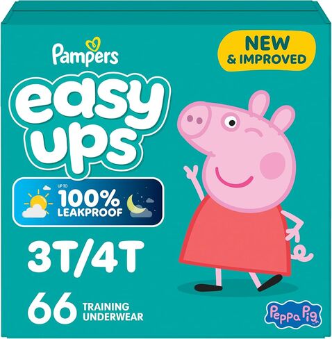 Easy Ups Girls & Boys Potty Training Pants, Size 5 (3T4T), 66 Count, Peppa Pig Absorbent Training Underwear, Up to 100% Leakproof Day and Night, Hypoallergenic in Kuwait
