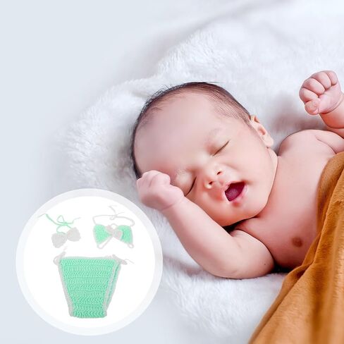 FRCOLOR Newborn Girl Swimsuit Set Crochet Bikini Photoshoot Outfit 3pcs Light Green Swimwear Cover-up for Beach and Photography in Kuwait