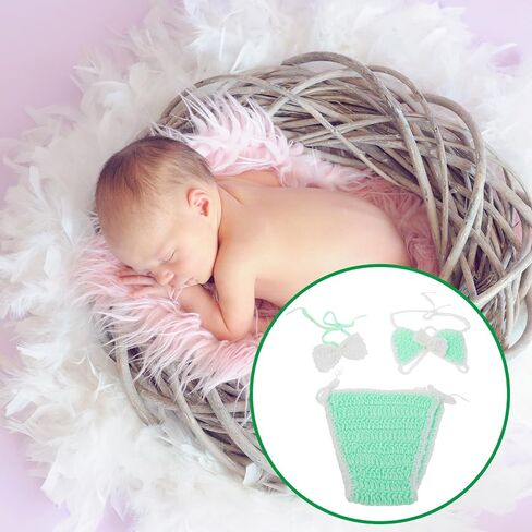 FRCOLOR Newborn Girl Swimsuit Set Crochet Bikini Photoshoot Outfit 3pcs Light Green Swimwear Cover-up for Beach and Photography in Kuwait